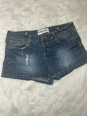 Vintage Y2K Deb size 13 Low Rise Denim Mini Shorts Blue Jean button fly distress